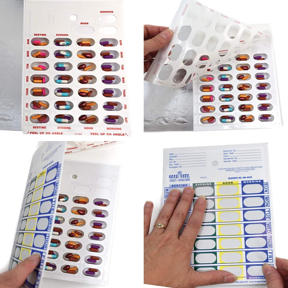 4 Time a Day Medication Blister Pack, Weekly Pill Organizer Cards, 100 Pack