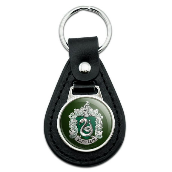 Black Leather  Harry Potter Slytherin Painted Crest Keychain