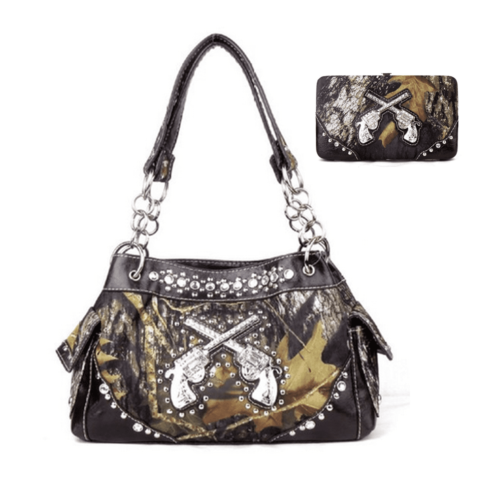 BLACK WESTERN RHINESTONE CROSS LOOK SHOULDER HANDBAG CONCEALED CARRY WITH WALLET