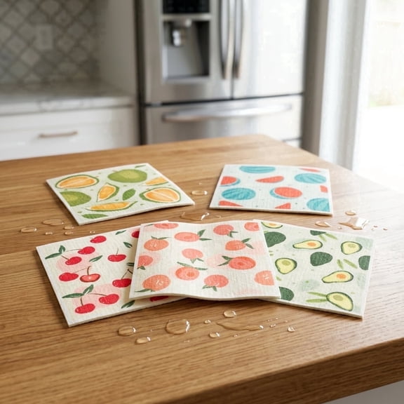 Swedish Dishcloths 5 Pack Reusable Paper Towels Absorbent Cellulose Dish Cloths Ultra Soft Kitchen Cleaning Towels Fruit Printed
