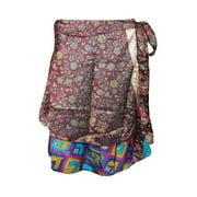 Mogul Boho Short Wrap Around Skirt Maroon 2 Layer Printed Silk Sari Magic Wrap Skirts