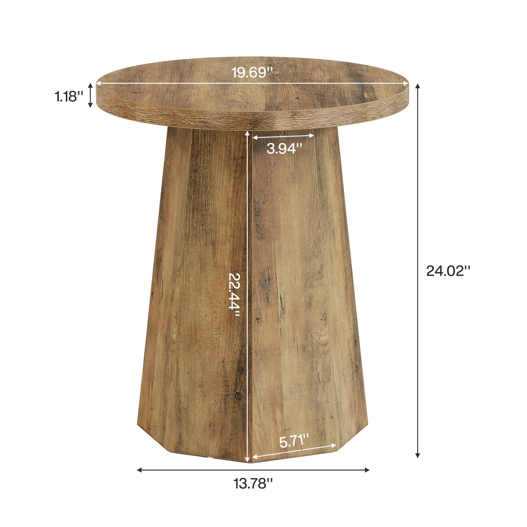Fnova Farmhouse Round End Table, Wooden Side Table with Octagonal Base, Nightstand Pedestal Accent Furniture for Living Room, Bedroom