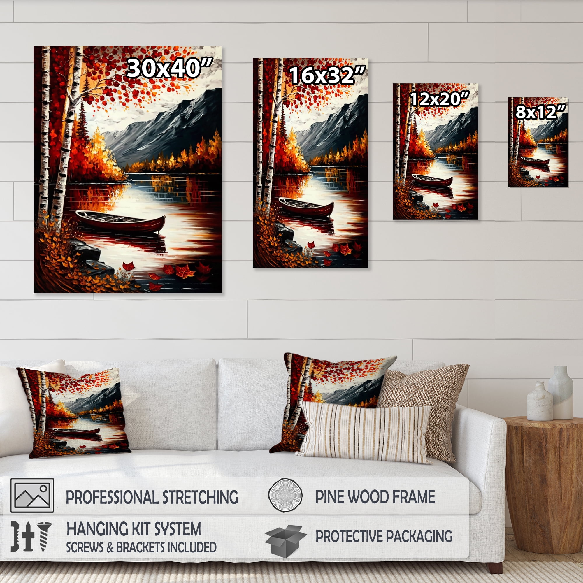 Designart Red And Orange Birch Trees By The Lake IX Canvas Wall Art