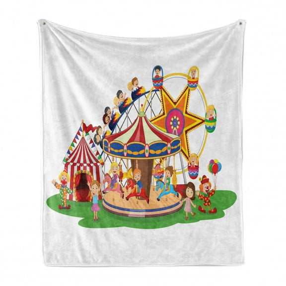 Circus Soft Flannel Fleece Blanket, Childish Graphic of Cartoon Amusement Park Tent Clowns Children Ferris Wheel, Cozy Plush for Indoor and Outdoor Use, 70" x 90", White Multicolor, by Ambesonne