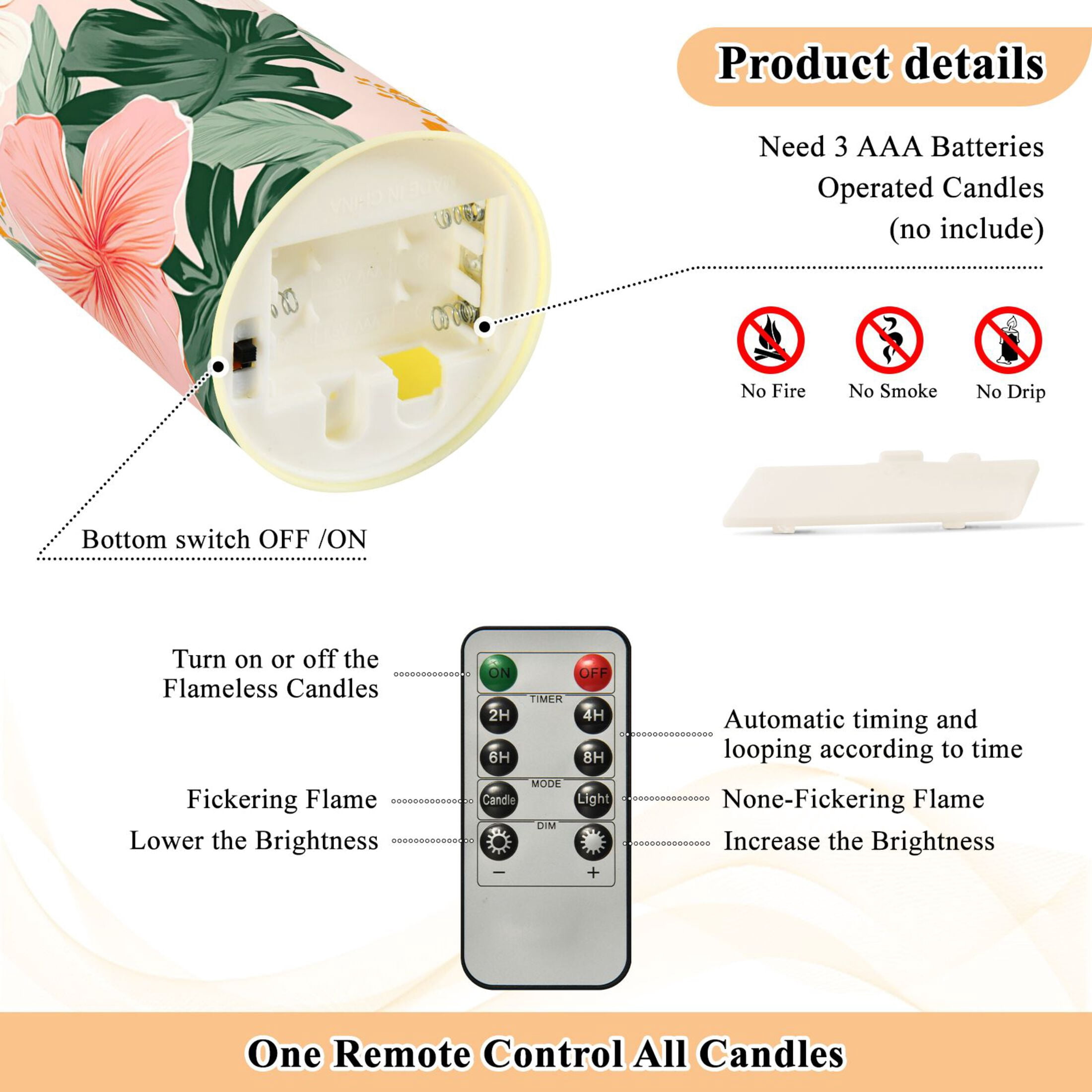 Colorful Hibiscus Florals Palm Leaves Hawaii Flickering Flameless Candles with Remote Timer Battery Operated LED Tealight Set of 2 M