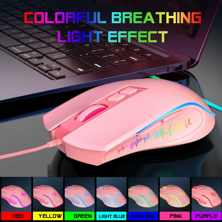 Pink Gaming Mouse Silent Click, LED Backlit Optical Game Mice Ergonomic USB  Wired Mice Compatible with Laptop PC, 7 Buttons, 4 Adjustable DPI