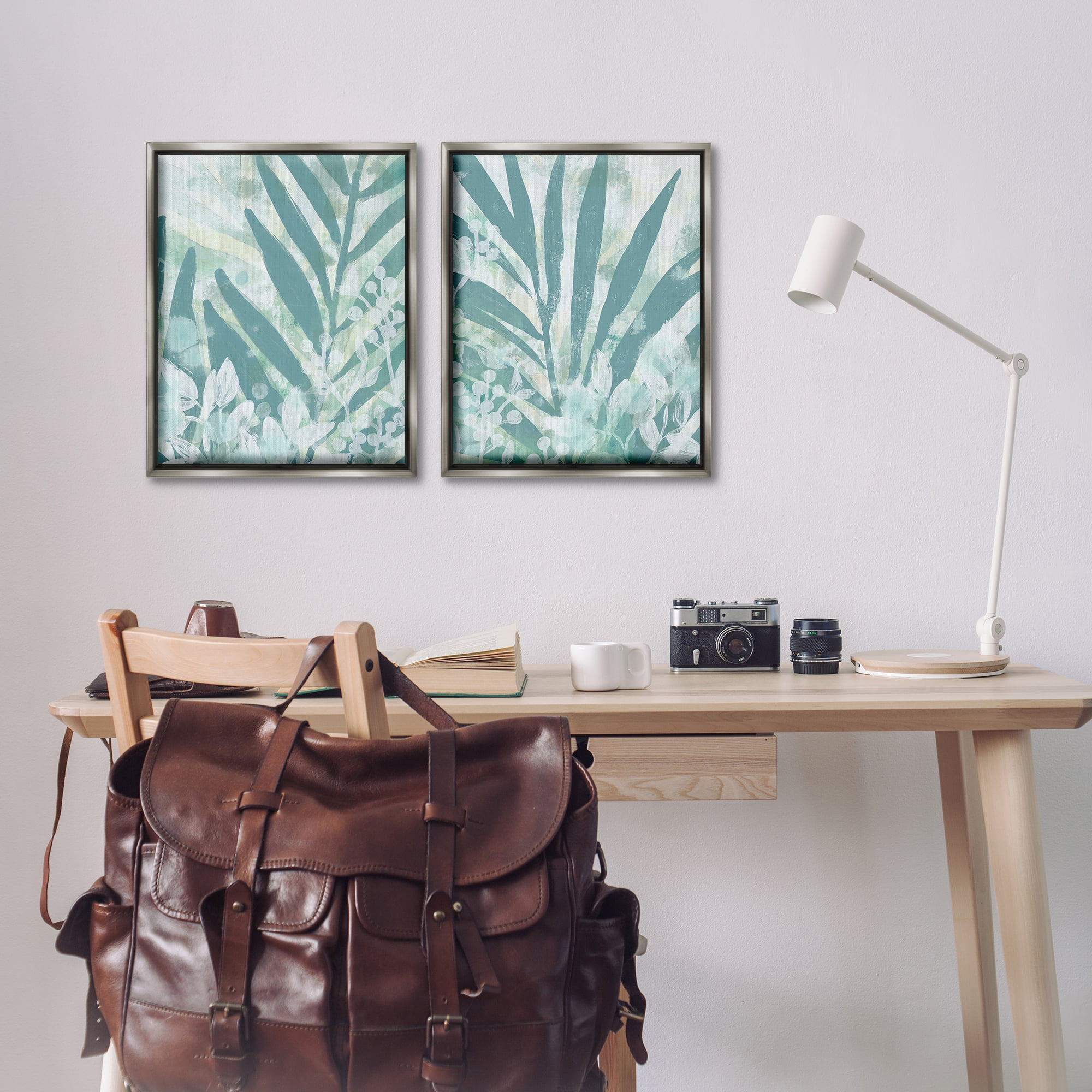 Stupell Industries Teal Palm Fronds Plants & Flowers Painting Gray Floater Framed Canvas Art Print Wall Art, 17 x 21, Set of 2