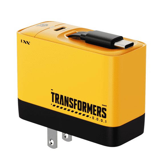Transformers StarSaber TF-S01 40W GaN USB-C Fast Charger with Retractable 32” Cable, Dual USB-C (20W 12W) Compact Wall Charger for iPhone, Samsung, Google Pixel, iPad AC 100-240V – Bumblebee Yellow