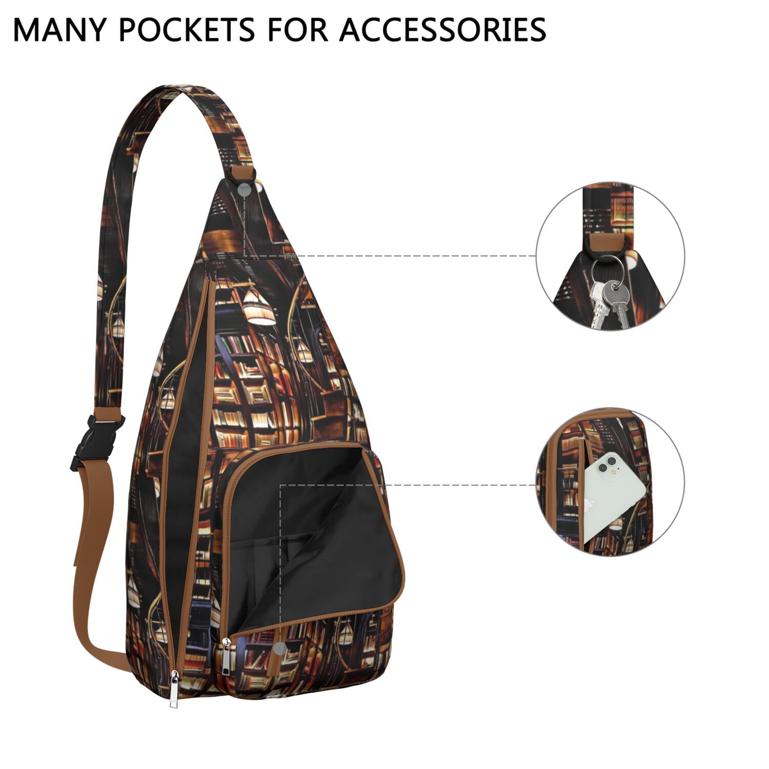 Book Lover's Crossbody Sling Bag - Waterproof Lightweight Chest Pack with Bookshelf Print Design, Perfect Reading Companion for Travel & Daily Use (Born to Read Inspired)