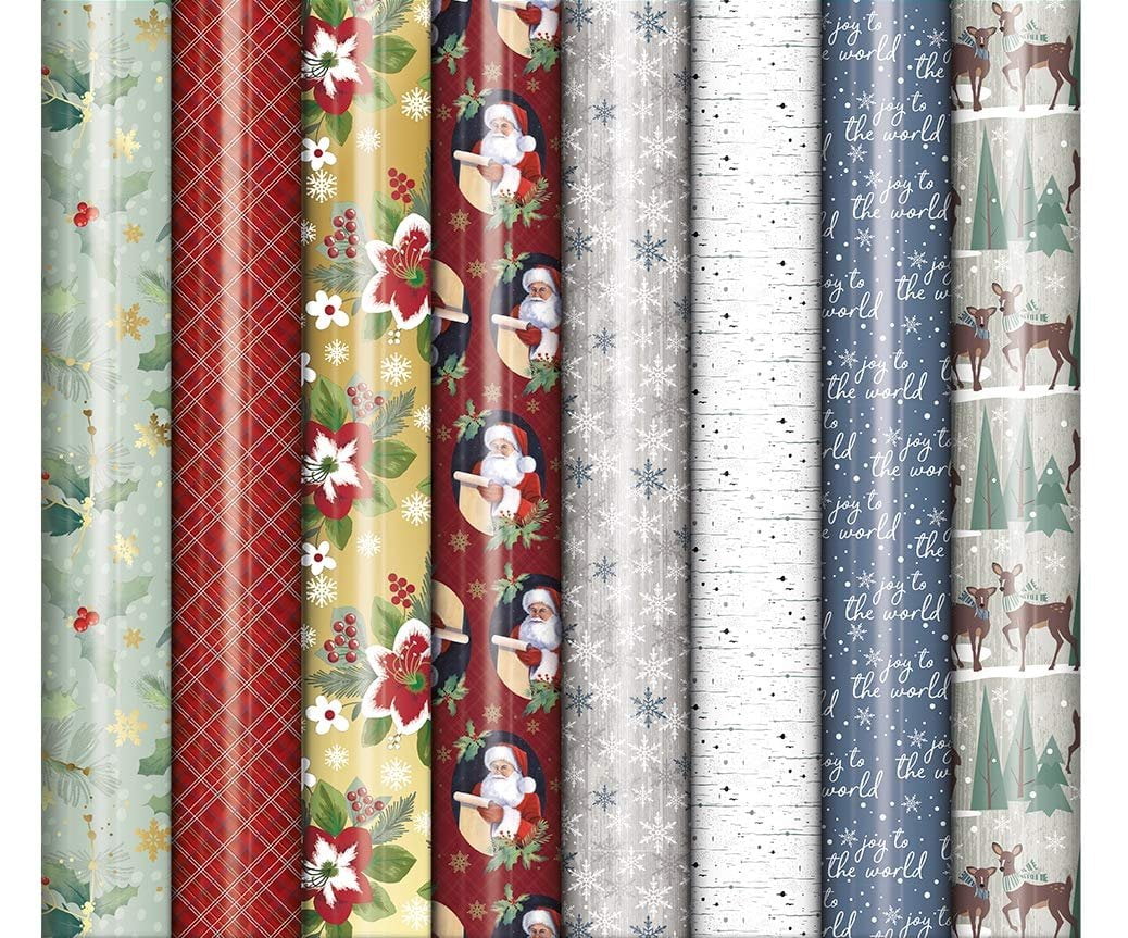 Bundle of 8 Rolls of Christmas Holiday Gift Wrapping Paper, Traditional