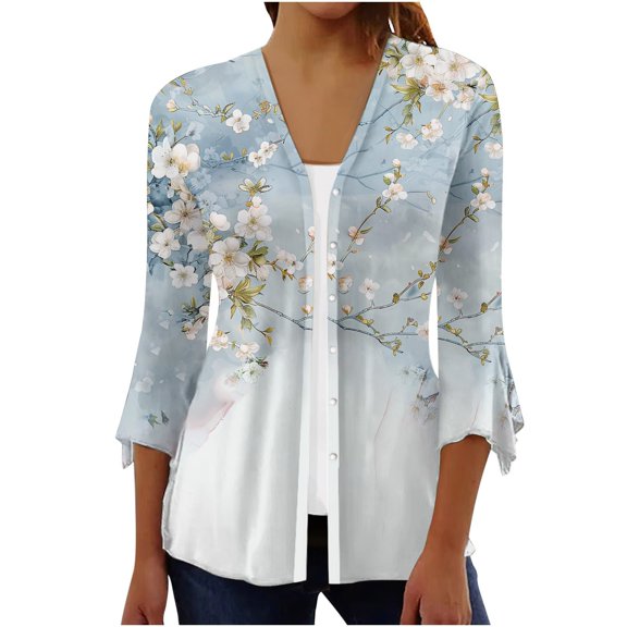 Cilsoka Blouses for Women Dressy Casual Summer, 3/4 Sleeve Womens Tops Bohemia Flower Summer Button Down Shirts Lightweight Cardigans Bell Sleeve T Shirts for Women