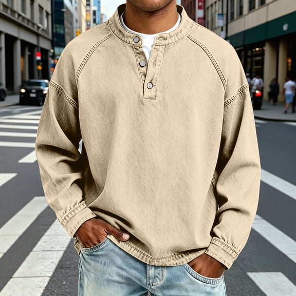 LEKWK Denim Shirt for Men Long Sleeve Henley Collar Button Placket Pullover Loose Fit Casual Lightweight Breathable Classic Jean Top for Fall Beige XXXL