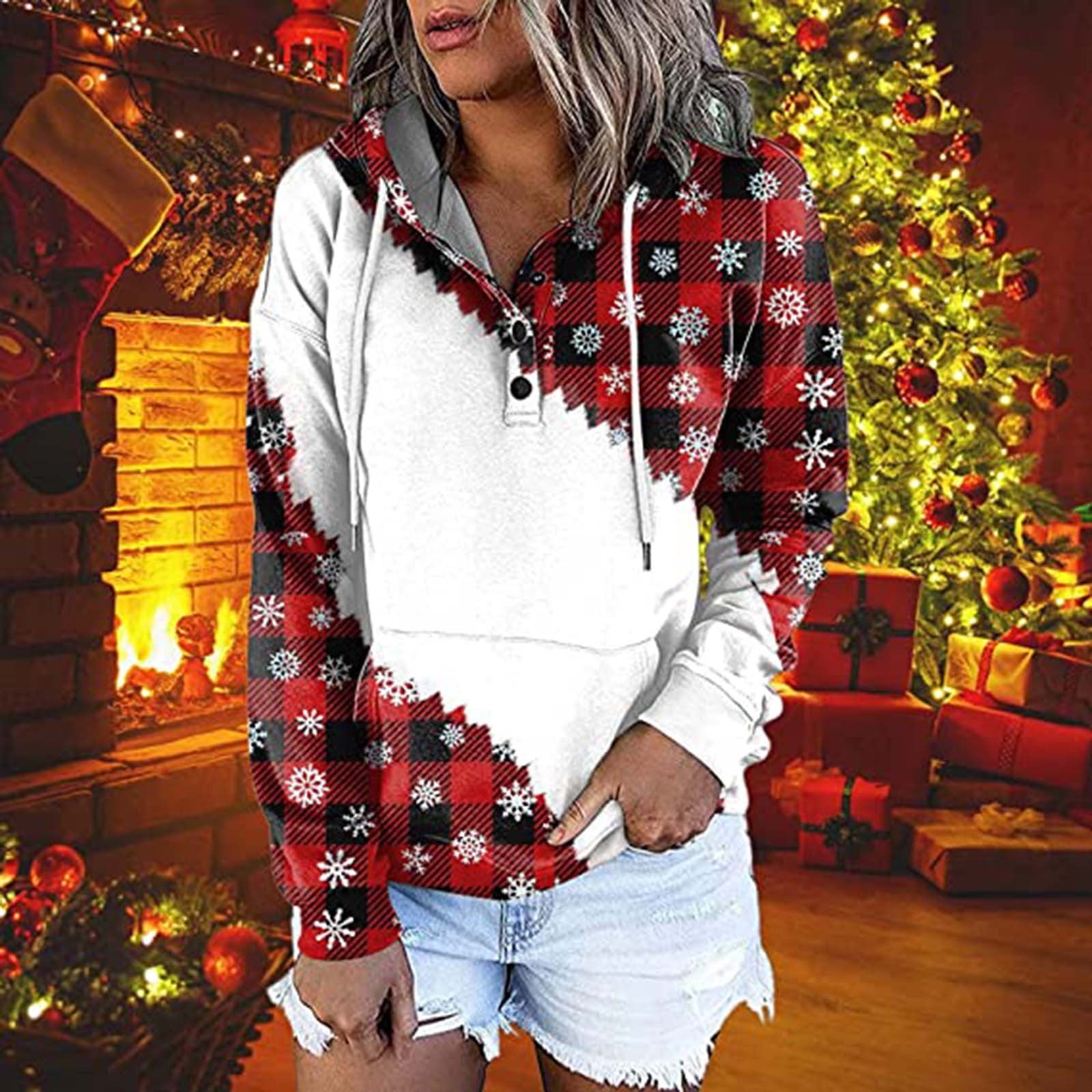 Pull de Noël à Capuche pour Femmes en Solde Mode Femme T-Shirt à