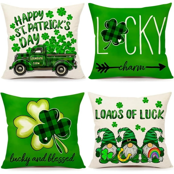 St. Patrick''s Day Throw Pillow Covers 20 x 20 Inch Set of 4, Lucky Shamrock Truck Spring Farmhouse Holiday Green Cushion Case for Home Sofa Couch Decoration TH171-20
