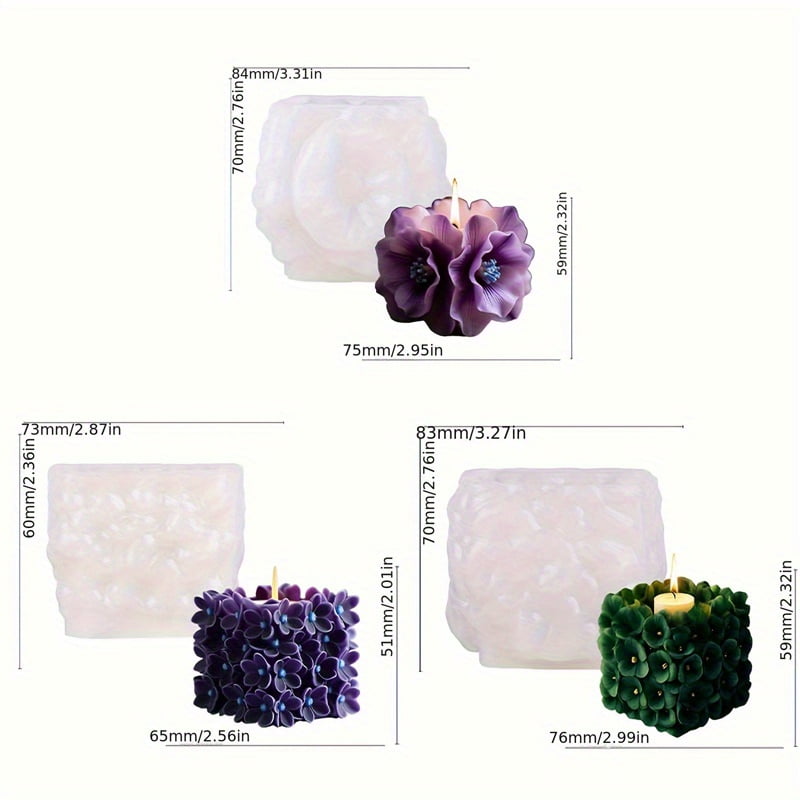 3Pcs Square Hydrangea Silicone Candle Mold, Floral Cube Candle Molds for DIY Candle Making Soap Resin Home Decor