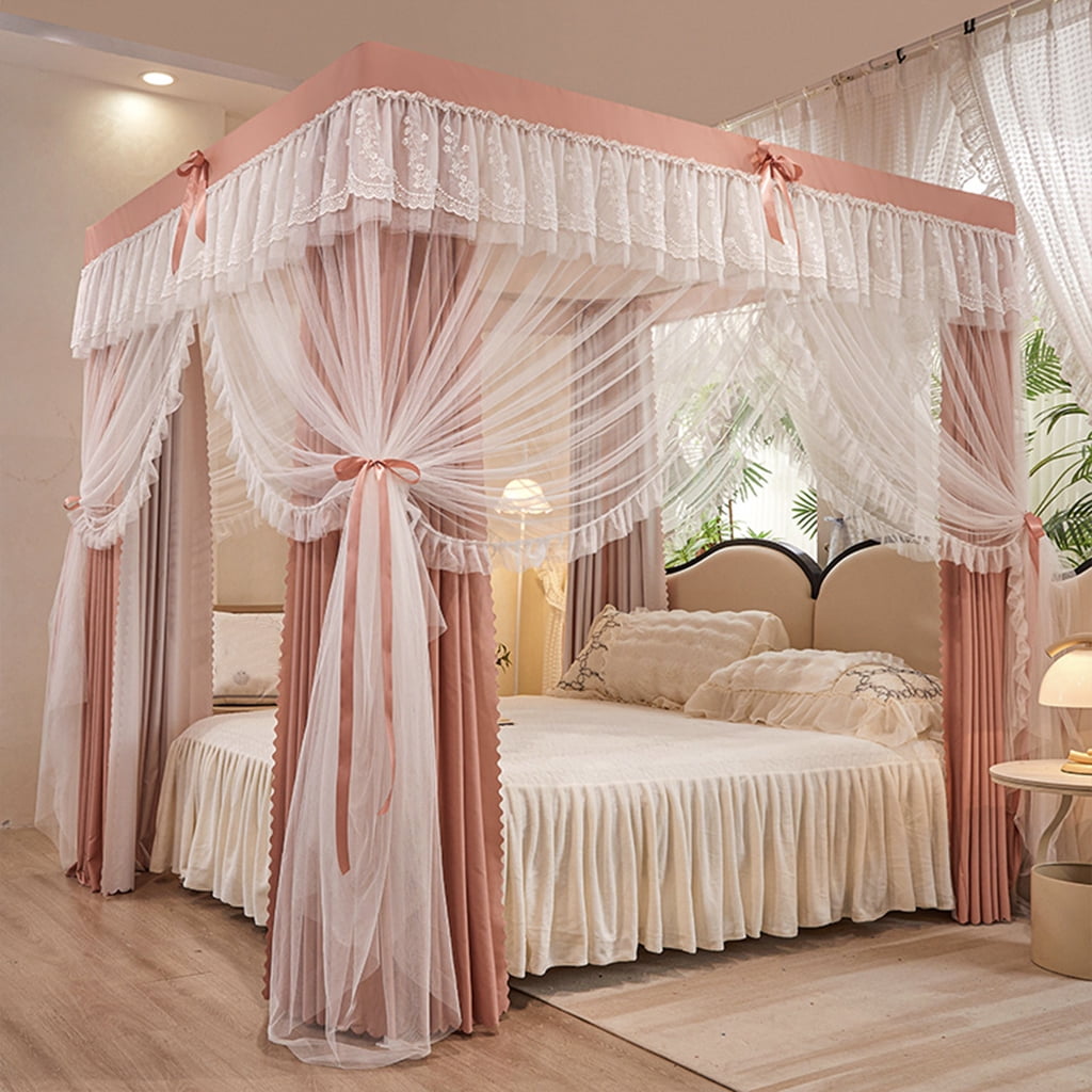 4 Corners Post Solid Color Bed Canopy Curtain Double Layer-Curtain & Ruffle Princess Mosquito Net 4 Opening Netting for Girls Teens Or Adults Bedroom Decoration, Jade, Queen