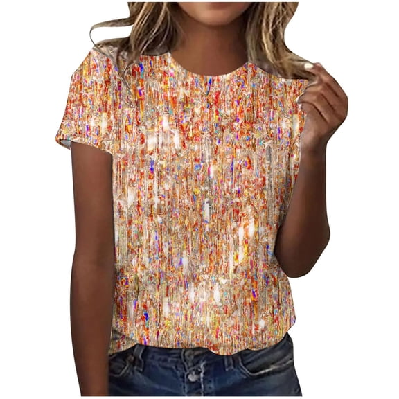 Womens Tops Short Sleeve Sequin Print Fashionable Round Neck Casual Crew Neck Casual Fashion T Shirts for Women