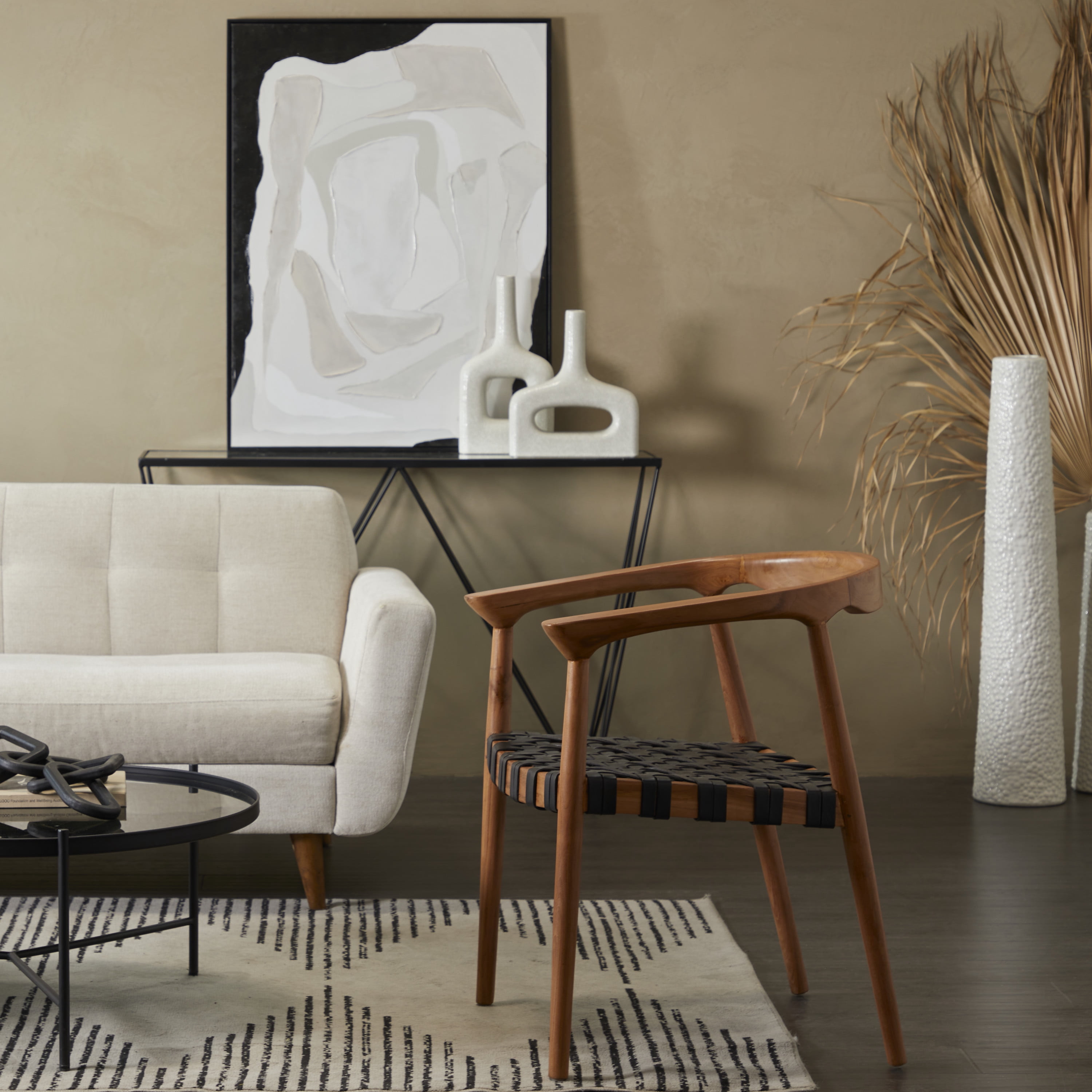 DecMode Contemporary Accent Chair with Polished Brown Teak Wood and Black Leather Woven Seat, 22"W x 30"H