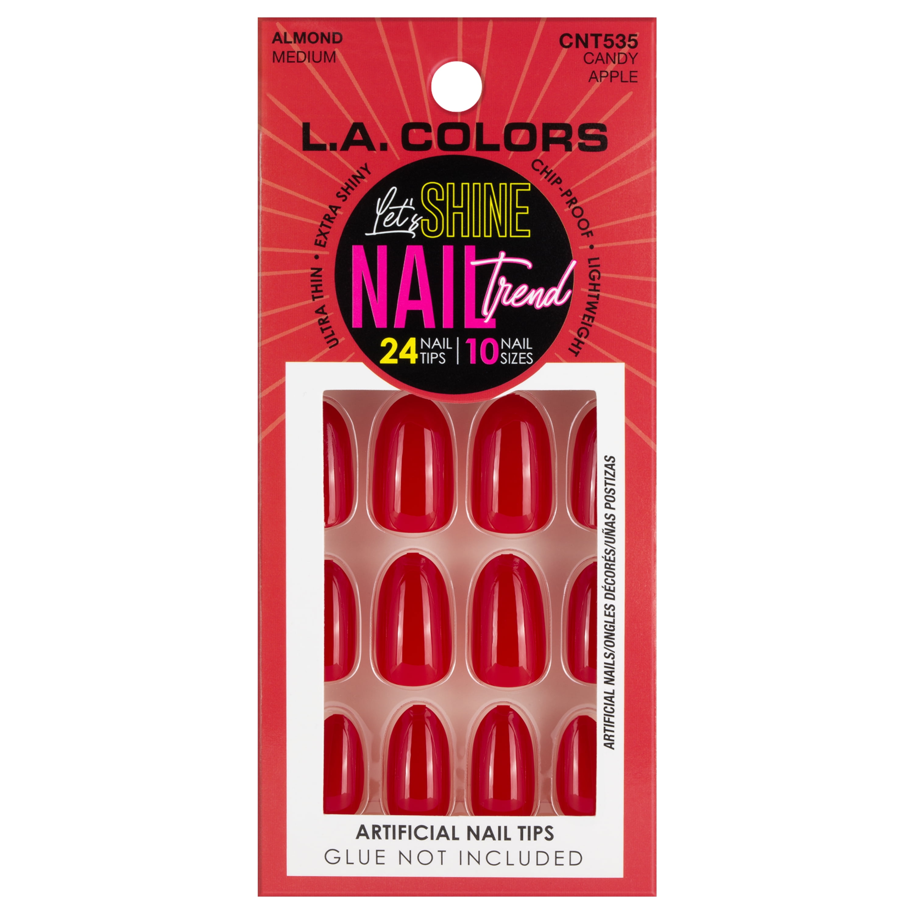 (3 pack) L.A. COLORS Let's Shine Nail Trend, Nail Tips, Candy Apple, 24 Pieces