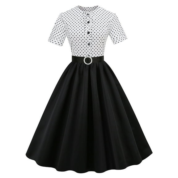 QLEICOM 1950's Dresses for Women Vintage, Contrast Suit Collar Cardigan Dress, Stretch Slim High Waist Swing Ball Dress, Christmas Lace Up Midi Dress, Audrey Hepburn Style Party Dresses White M