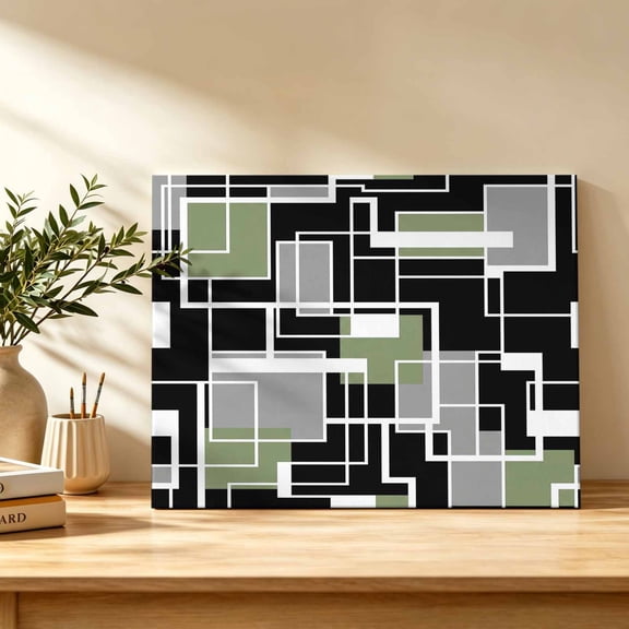 Abstract Lines Canvas Wall Art, Black Gray Green Rectangle Geometric Modern Wall Art Prints Artwork Framed Canvas Ready to Hang Art Pictures for Bathroom, Dressing Table, Entryway 12" x 8"