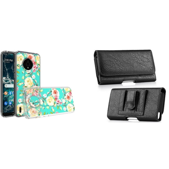 Case and Pouch Bundle for Nokia C200: Slim Series TPU Protector Case (White Pink Flowers on Teal) and PU Leather Coin Card Wallet Belt Holster