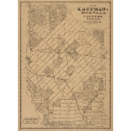 Historic County Map - Kaufman Rockwall Counties Texas - Murphy 1878 - Vintage Wall Art