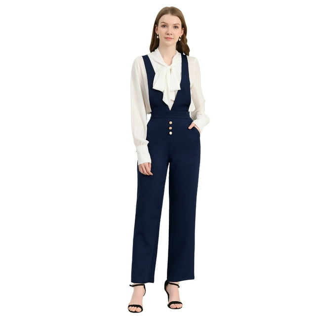 Unique Bargains Salopette Combinaison à Jambes Larges pour Femme, Bleu Foncé, Taille P