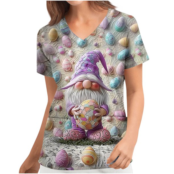 Pullover Impreso de Pascua de las Mujeres, Nuevo Cuello en V de Manga Corta Casual Top para Uso Diario Y de Fiesta, Camiseta de Cuidado de la Moda Elástica