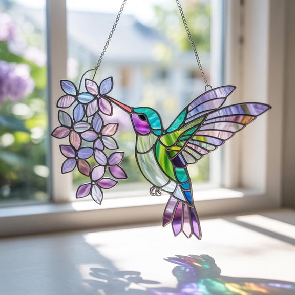 Hummingbird Acrylic Suncatcher Colorful Bird Window Hanging, Nature Sun-Catcher Decor, Floral Bird Ornament