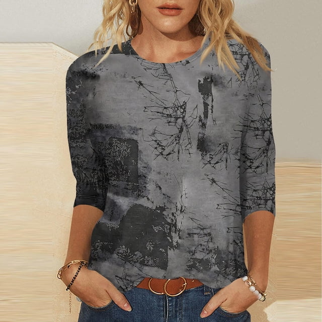 Économies jusqu'à 30 % de Rabais DYTTDG T-shirt pour Femme Grande Taille Manches 3/4 Hauts pour Femmes Chemise Imprimée Col Rond Blouse Décontractée Ample Hauts pour Femmes