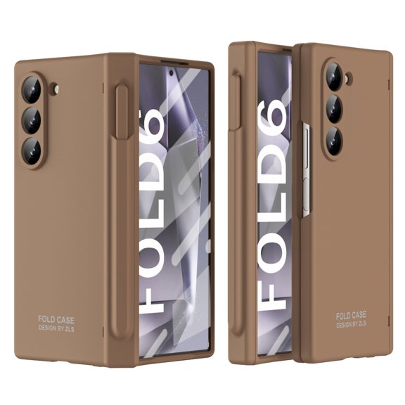 ELEHOLD Case for Samsung Galaxy Z Fold 6 5G with Screen Protector,Shockproof Anti-fall Hinge Protection PC Case Built-in Pen Holder Cover with Stylus for Samsung Galaxy Z Fold 6,Coffee