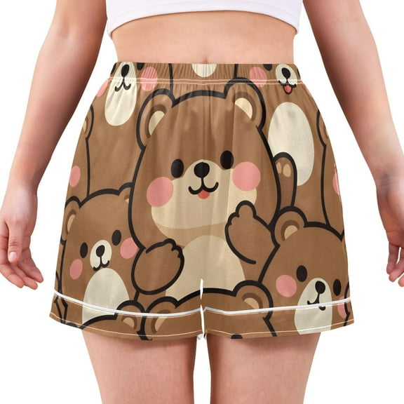 Women's Satin Pajama Shorts Cute Bears with Pockets, Elastic Waist Sleep Lounge Shorts