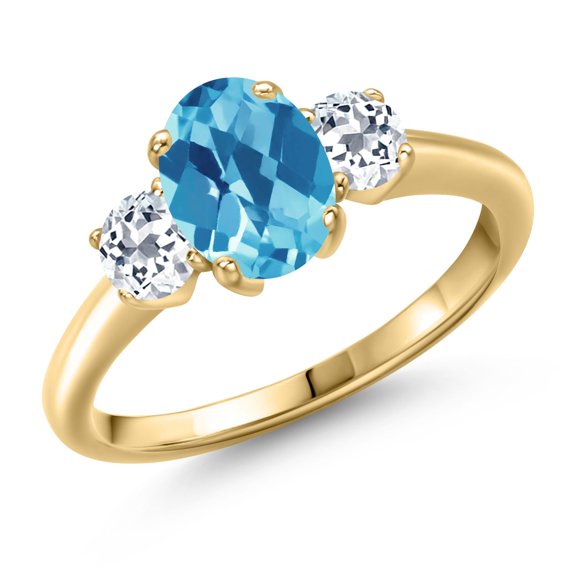 Gem Stone King 1.96 Ct Oval Checkerboard Swiss Blue Topaz White Topaz 18K Yellow Gold Plated Silver Ring