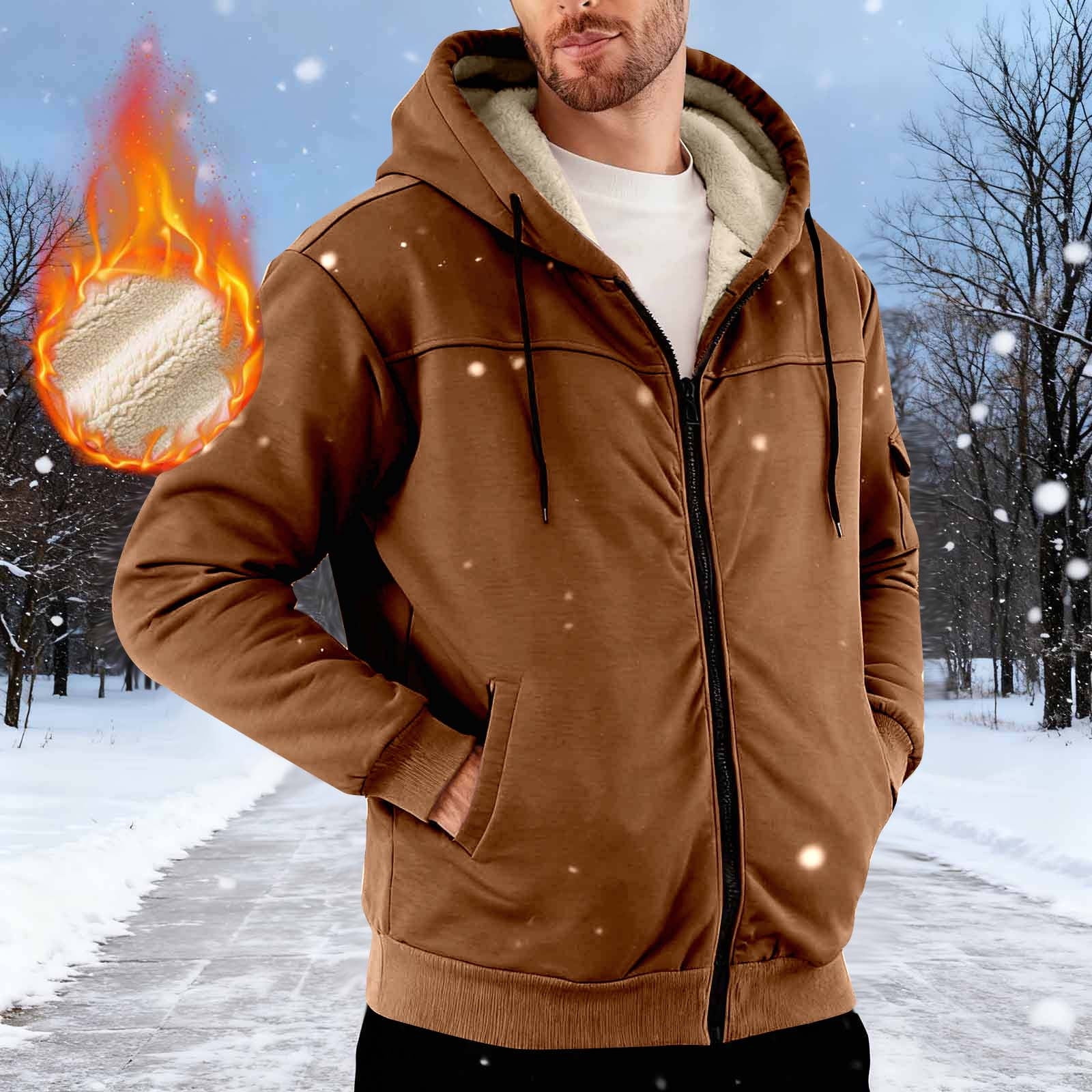 BiZtdJrK Mens Sherpa Lined Hoodie Jackets Winter Thermal Full Zip Hooded Sweatshirt with Pockets, Brown, XXL
