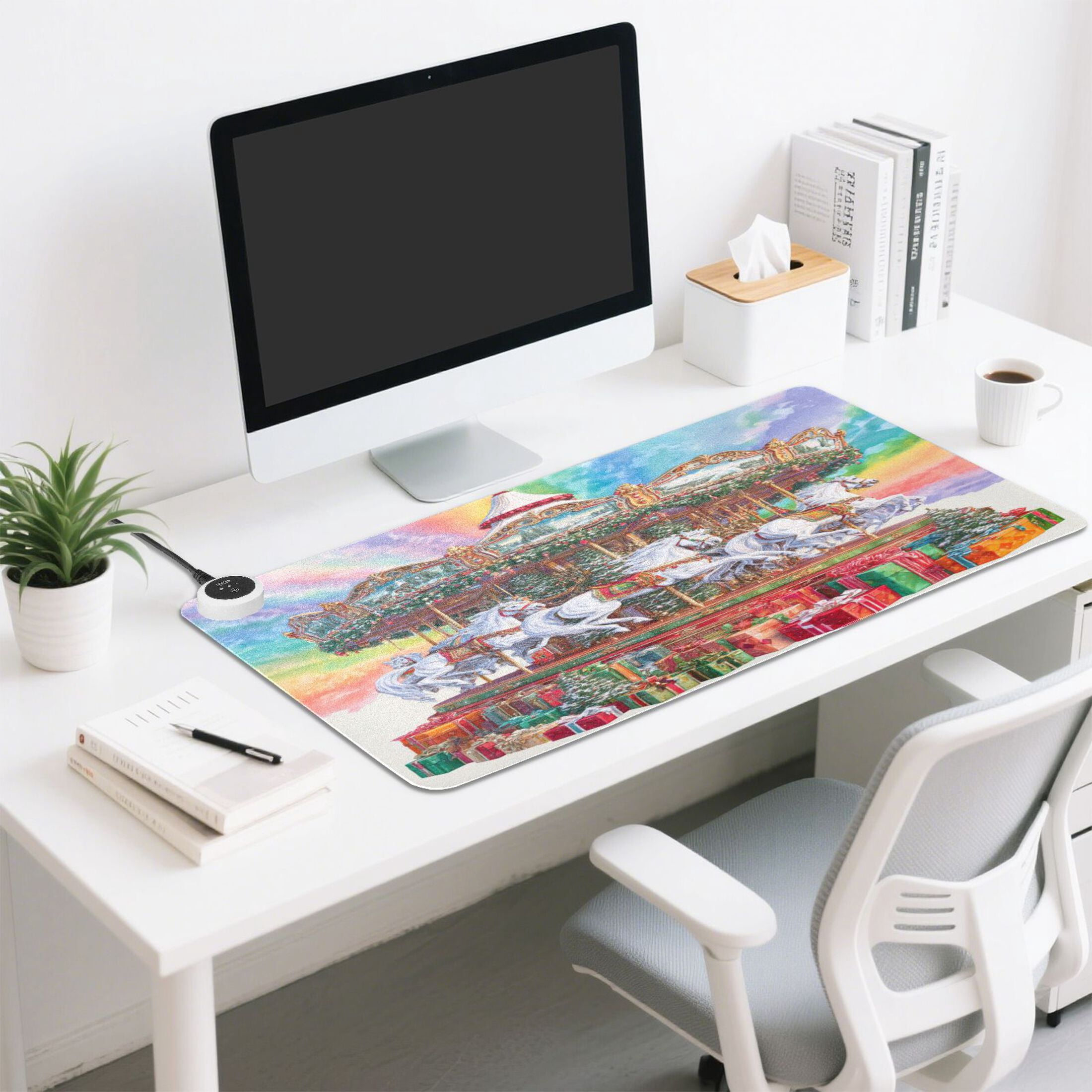 Large Heated Desk Mat Mouse Pad 31.5"x13"PU Leather Graphene Heating Desk Warmer with 3 Temperature Settings 110V US Plug Non-Slip Warm Pad for Home, Office, and Gaming Christmas Spinning White Horse