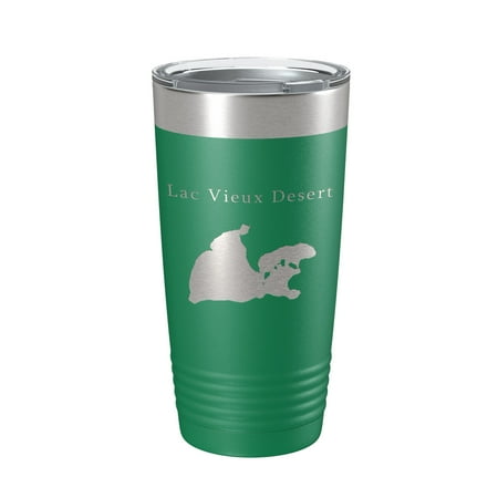 

Lac Vieux Desert Tumbler Lake Map Travel Mug Insulated Laser Engraved Coffee Cup Michigan Wisconsin 20 oz Green