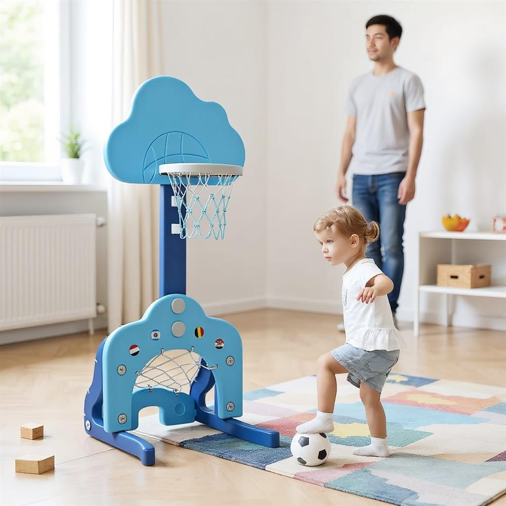 Topcobe 3-in-1 Kids Basketball Hoop Set with Balls, Basketball Hoop for Kids Indoor Outdoor Sports, Blue