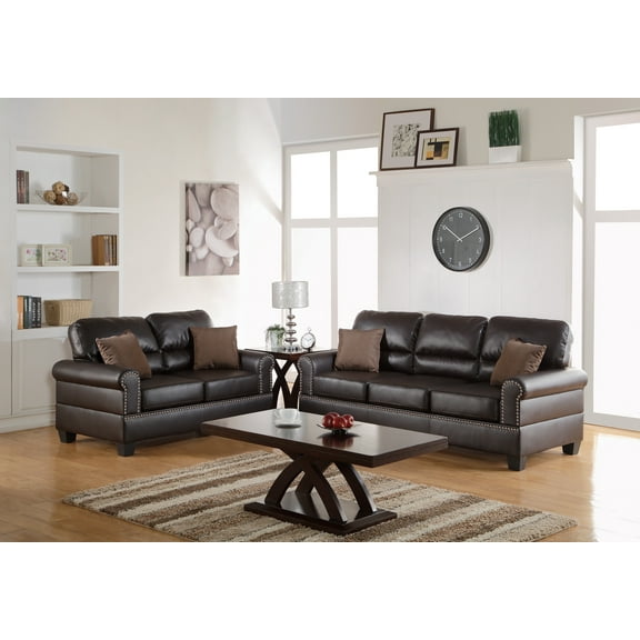 Sofa And Loveseat Contemporary Style 2pcs Sofa Set Espresso Faux Leather Nailhead trim Living Room Furniture Cushion Couch