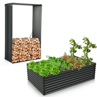 Costway 2 PCS Galvanized Raised Garden Bed Outdoor Planter Box Firewood Rack Log Holder