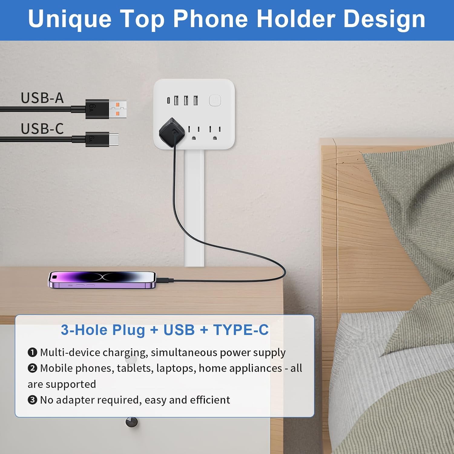 Electrical Outlet Extender Stick, 360° Rotating Surge Protector Power Strip with 3 AC and 4 USB Ports, Multi Plug Wall Outlet Splitter for Behind Couches, Nightstands, Desks, Indoor Office Home