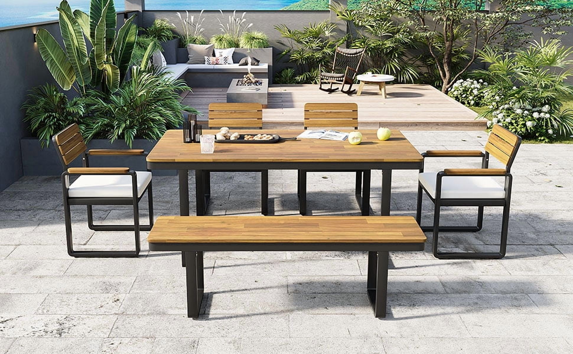 Mintazer 6-Piece Patio Dining Set with Table, 4 Chairs & Bench, Outdoor Dining Set with Adjustable Feet & Cushions for Patio Garden Balcony Backyard, Natural & Beige