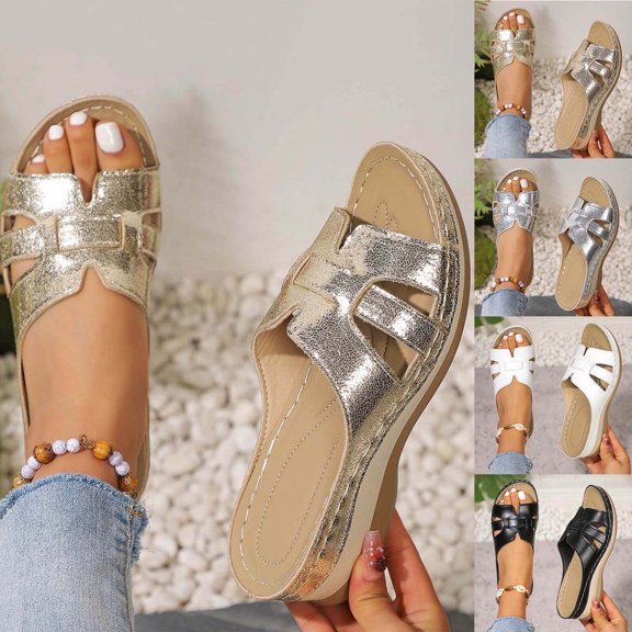 HomeDM Women's Slides Sandal Wedge Open Toe Strappy Comfortable Arch Support Slip On Walking Summer Beach Sandals, Gold Size 5.5
