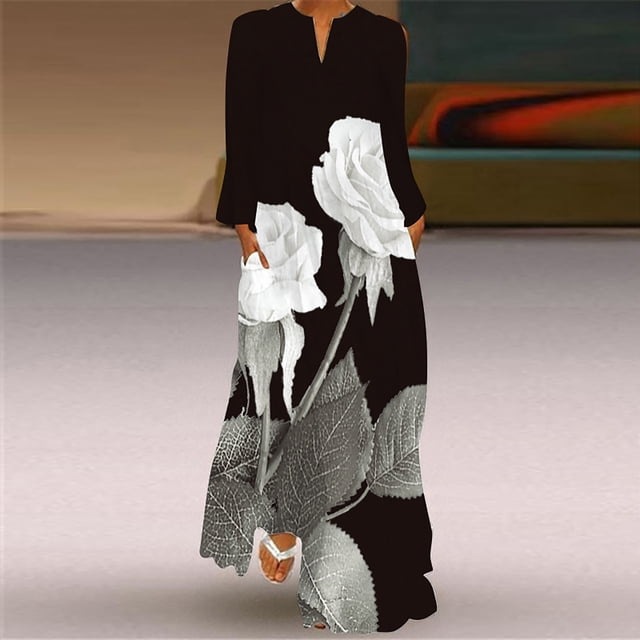 Robes d'Été pour Femmes 2023 Robe Longue Décontractée Aguichant Imprimée Numérique Col en V avec Poches Robe à Manches Longues Robes de Mariage pour Femmes 2023 en Liquidation