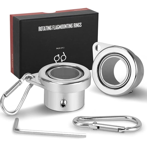 Aluminum Alloy Flagpole Ring Set with Bearings 2 Pack, Anti Wrap 360°Rotating Flag Mounting Ring Spinning Flag Pole Kit with Carabiner for 0.71-1.00 Inch Diameter Flagpole(Silver)