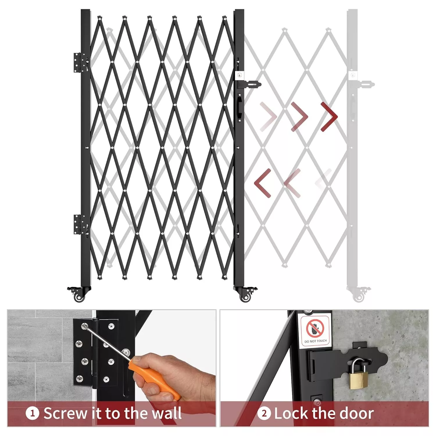 Uforic 50" H X 75"W Single Folding Garden  Security Gate Scissor Gate With Padlock 360° Rolling