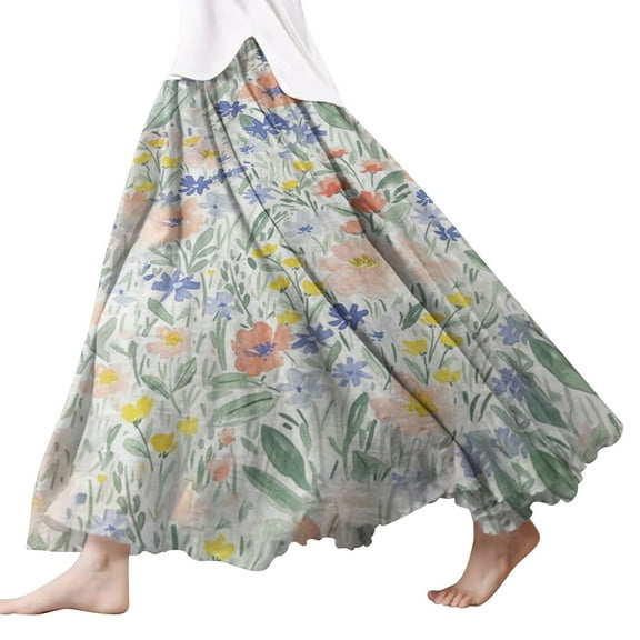 SNOWSONG Fall Skirts for Women 2024 Women's Fashion Linen Scalloped Hem Floral Printed Half-Length Skirt, Midi Skirts, Boho Skirts, Floral Skirt 1PC half skirt Blue L