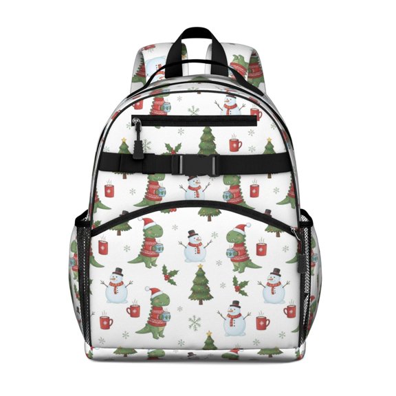 White Cartoon Christmas Dinosaurs Sweaters Cute School Backpack Bag for School with Padded Back and Adjustable Shoulder Straps 15.25"x11.5"x5.25"
