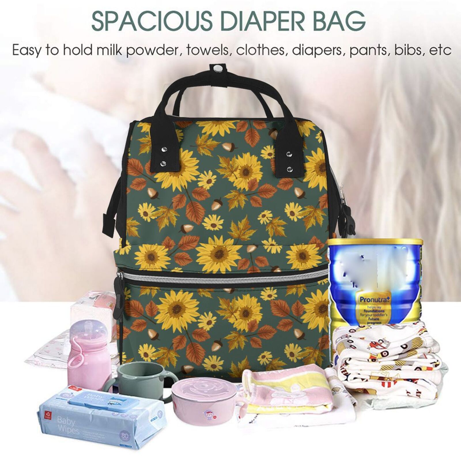Fuzoiu Fall Daisy Leaf Nuts Print Diaper Bag Backpack,Baby Essentials Travel Tote,Multi function Waterproof Diaper Bag, Travel Essentials Baby Bag - Unisex