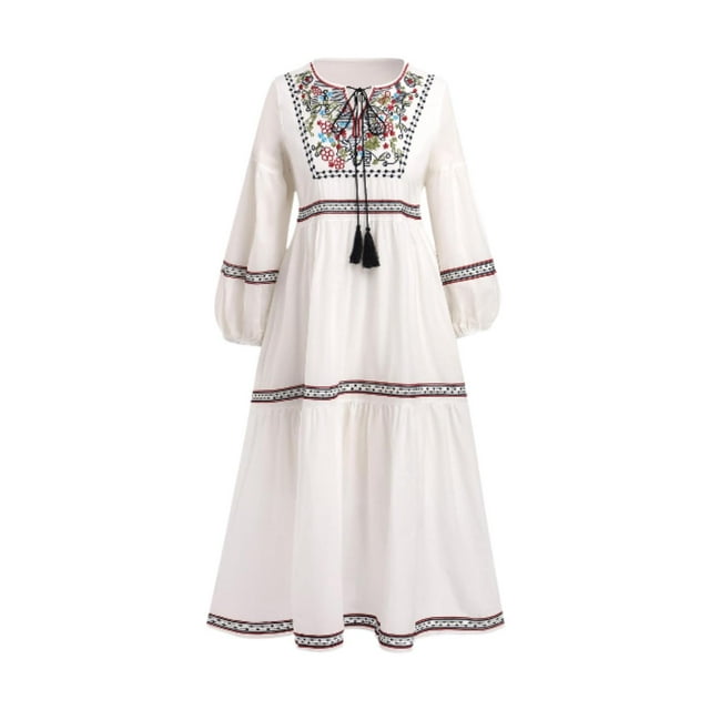 Vestido bohemio de manga larga para mujer, de viaje, de lino y algodón con bordados intensos, corte en a ,
